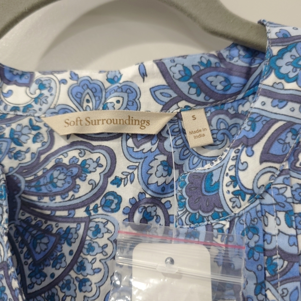 Cottage Core Blue White Paisley Dress Lace Trim, Bell Sleeves, Tiered Hem - Picture 5 of 16